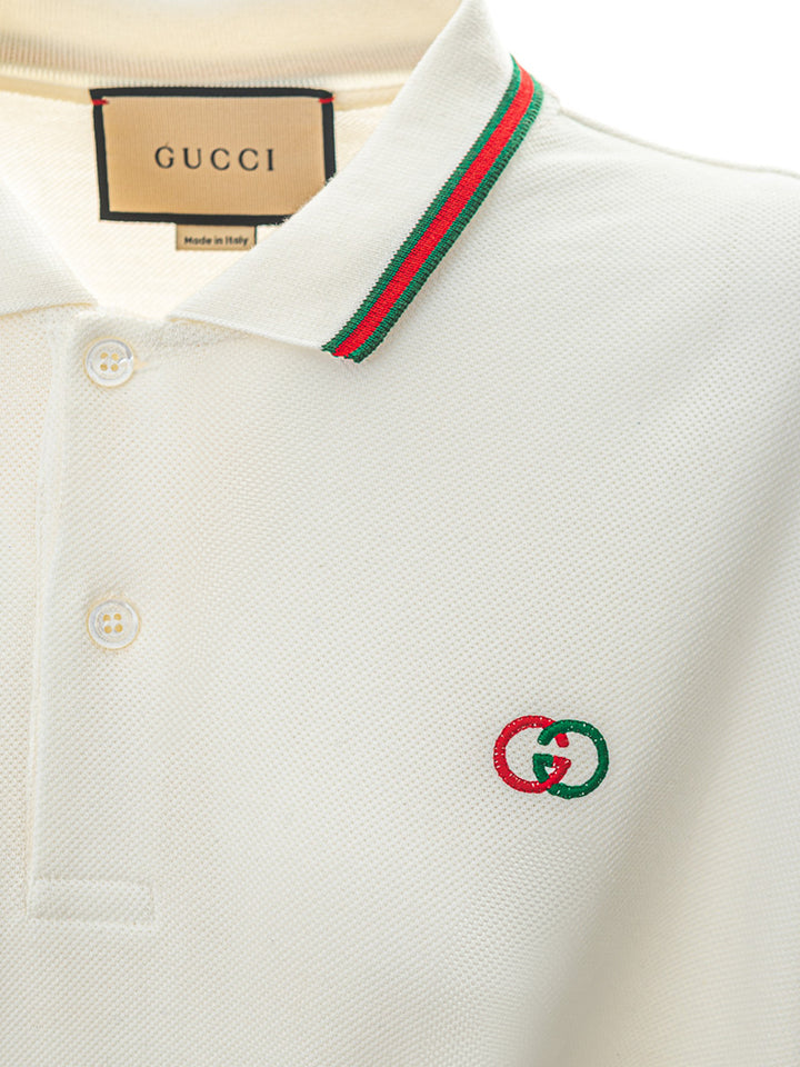 Polo in Piquet di Cotone Bianco con Ricamo GG Gucci