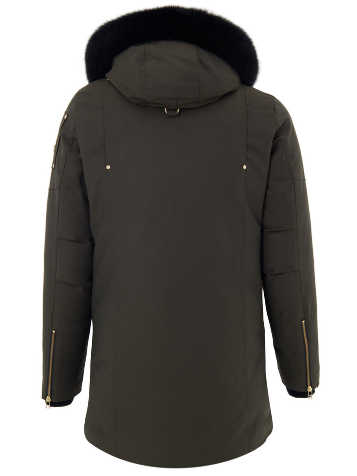 Giubbino Lungo in Tessuto Verde con Cappuccio e Pelliccia Moose Knuckles