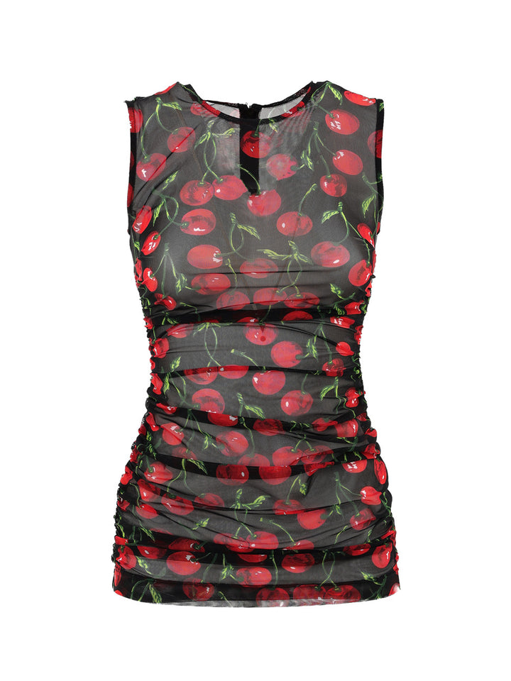Top Smanicato in Tulle Nero Stampa Ciliegie Dolce & Gabbana
