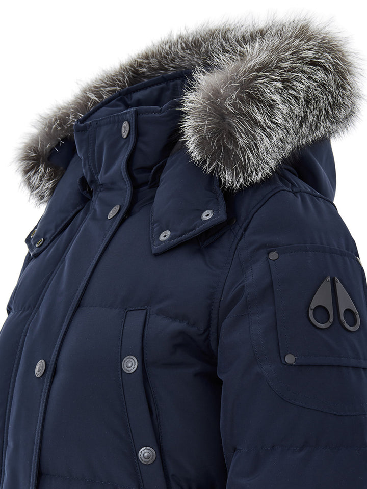 Giubbino Blu Lungo Imbottito con Cappuccio e Pelliccia Moose Knuckles