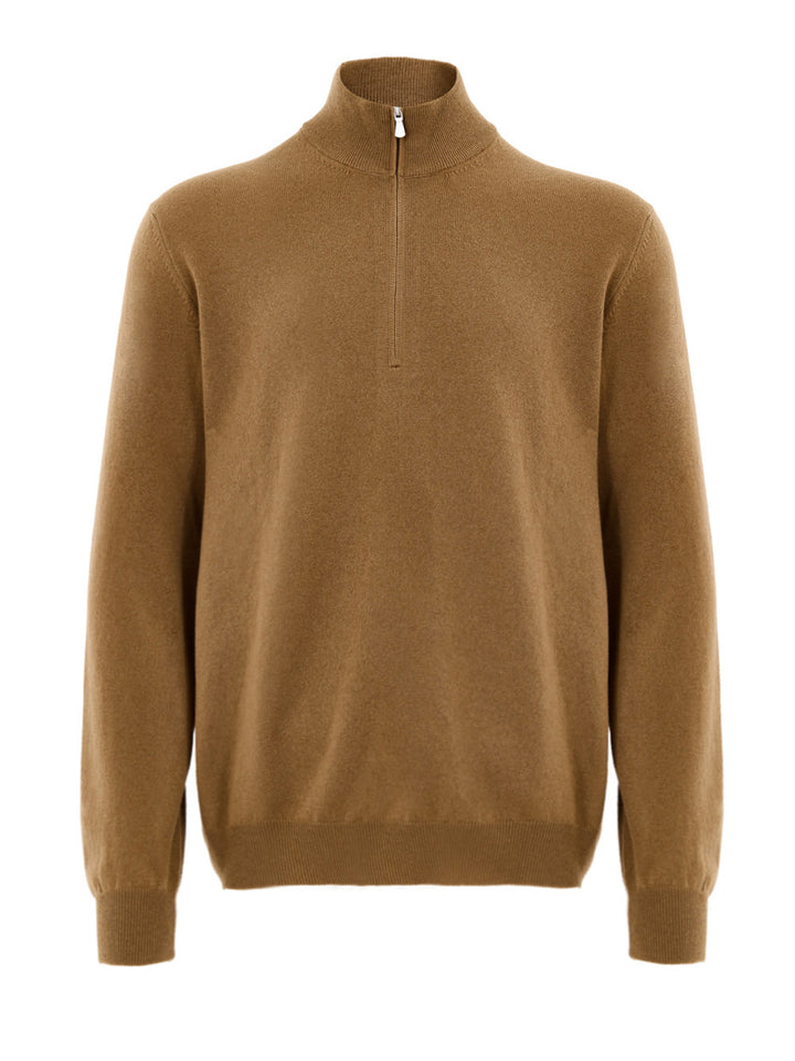 Maglione Lupetto con Mezza Zip in Lana Marrone Gran Sasso